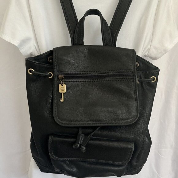 Fossil Classic Rucksack Backpack Black Leather Satchel Messenger Bag Purse Key - Picture 1 of 16